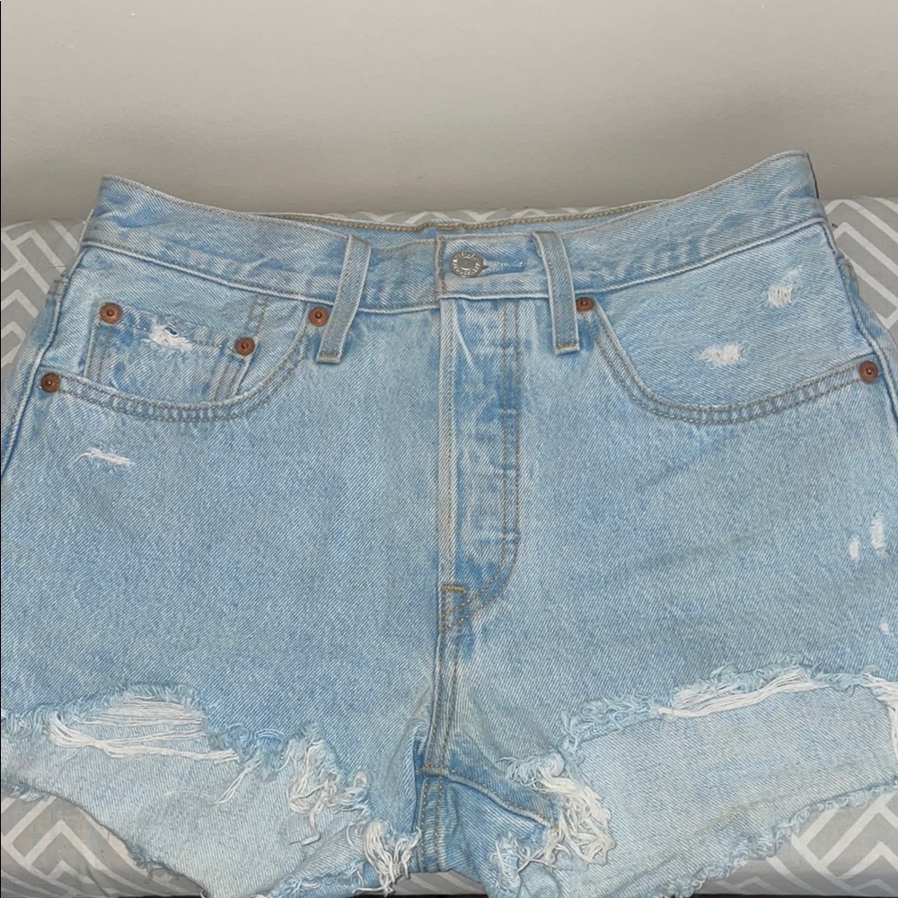 Levi's 601 Light Blue Distressed Jean Shorts